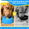 pet-lick-bowl-35-4 spill proof well style dog lick bowl comparison graphic side by side shot of golden retriever using the blue lick bowl versus messy standard metal bowl with liquid spillage on wooden floor