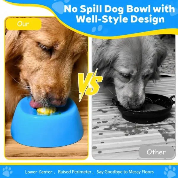pet-lick-bowl-35-4 spill proof well style dog lick bowl comparison graphic side by side shot of golden retriever using the blue lick bowl versus messy standard metal bowl with liquid spillage on wooden floor