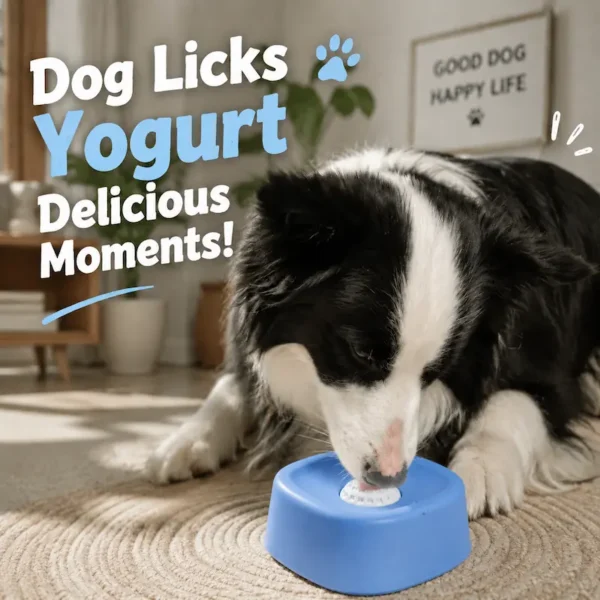 pet-lick-bowl-35-6 dog enrichment lick bowl real usage scene shot black and white border collie licking yogurt from blue spill proof treat bowl placed on woven round mat inside bright living room home space
