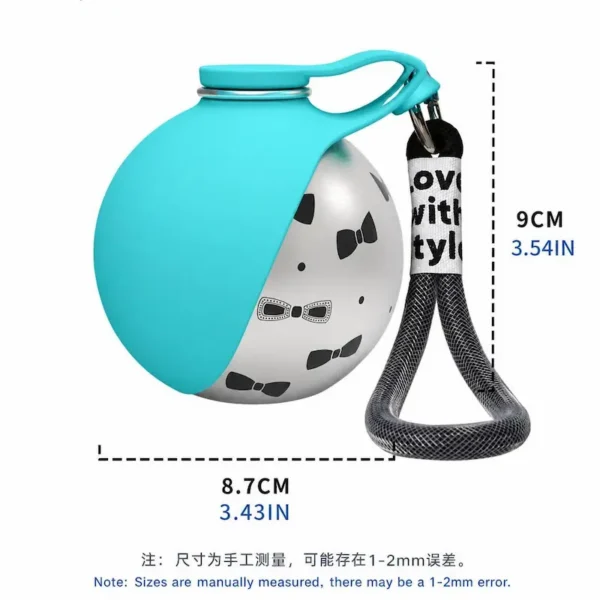 portable-dog-water-bottle-39-3 spherical pet water bottle flip out bowl vertical dimension marking with height and width data