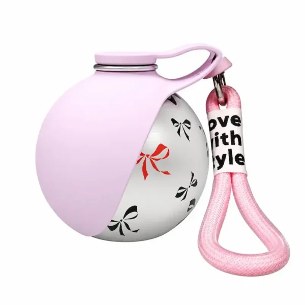 portable-dog-water-bottle-39-5 pink portable dog water bottle with flip out bowl black bow print soft pink woven carry strap