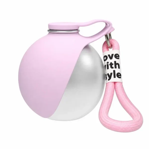 portable-dog-water-bottle-39-6 plain solid pink spherical dog travel water bottle flip out bowl with matching pink fabric lanyard