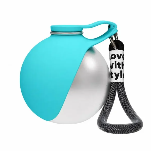 portable-dog-water-bottle-39-7 teal portable dog water bottle flip out bowl solid silver body paired with black textured hand strap